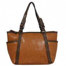 Tote Bag - 2-Side Pockets Leather-like Tote w/ Whipped & Buckled Straps - Brown - BG-MB1714BN